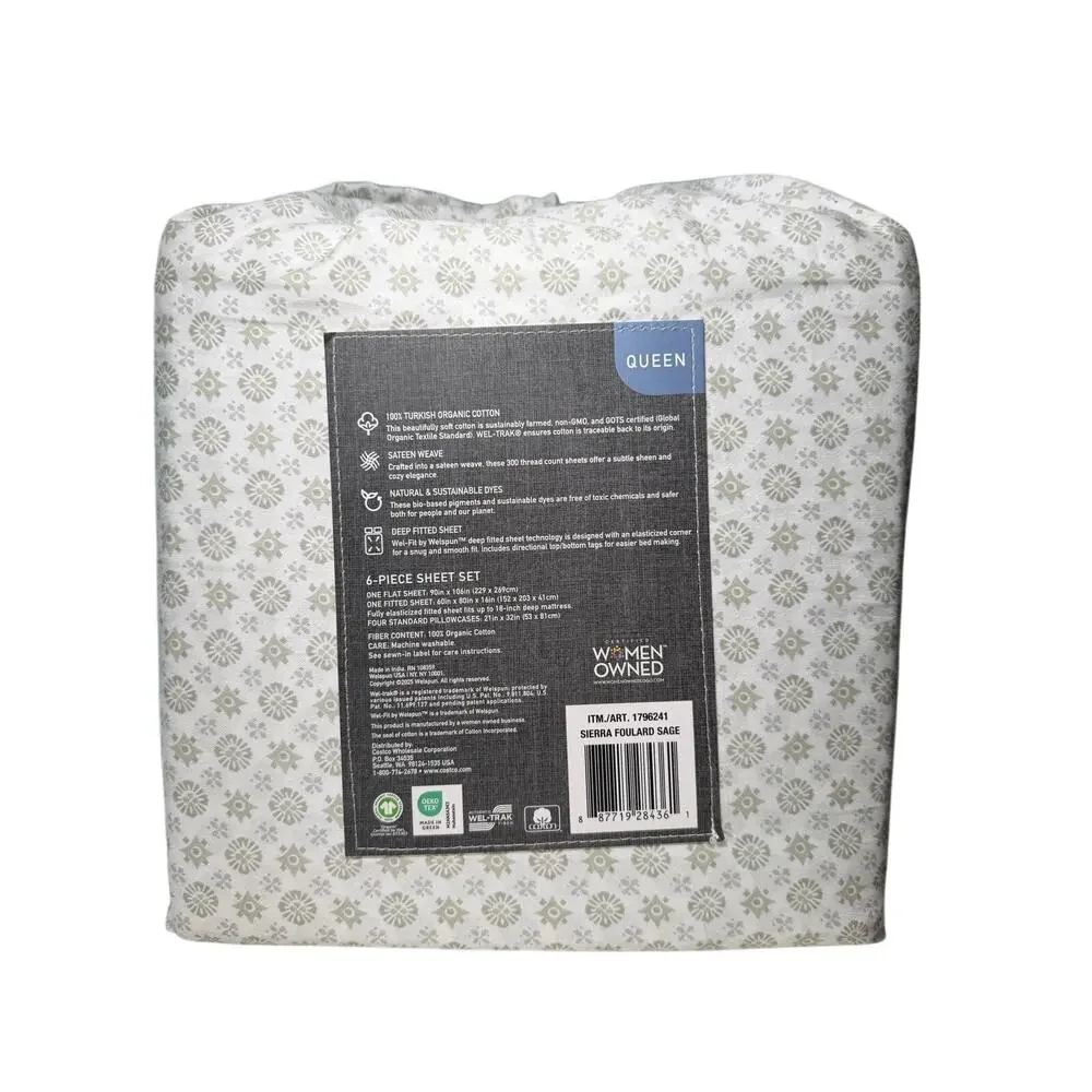 Purely Organic 300 TC 6 Pc 100% Turkish Organic Cotton Sierra Foulard Sage Queen